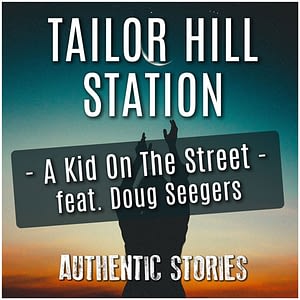 Album cover of Tailor Hill Station - Authentic Stories. Person reaching arms and hands for the moon in the sunset.